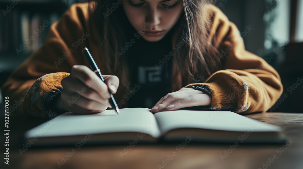 Focused Teenager Writing in Notebook in Low Light Setting Focused Teenager Writing in Notebook in Low Light Setting