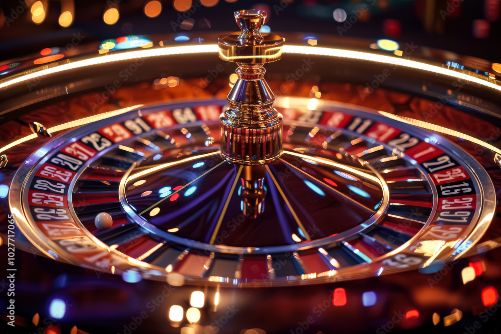 Casino roulette wheel with a gold ball on top. The wheel is illuminated and the ball is glowing
