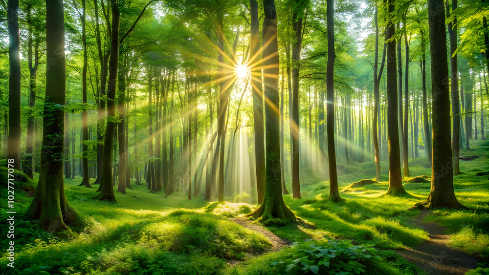 Sunlit Forest Symbolizing Growth and Sustainability. Green Forest with Sunlight, Growth and Sustainability Theme Sunlit Forest Symbolizing Growth and Sustainability. Green Forest with Sunlight, Growth and Sustainability Theme