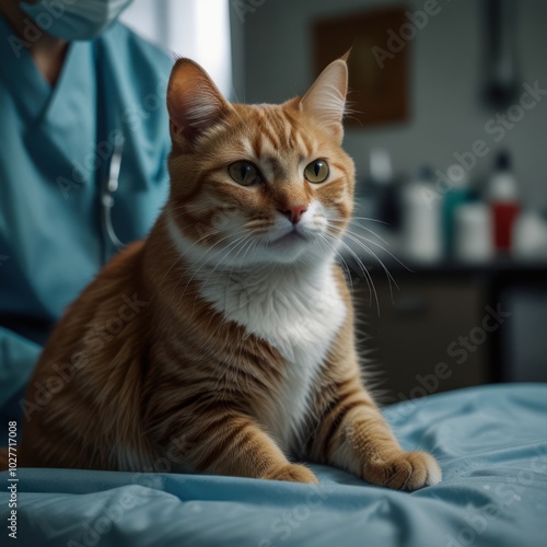 Wallpaper Mural A ginger cat with white markings sits on an examination table at the vet, looking toward the right. Torontodigital.ca
