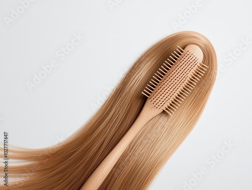 Hair gently brushed with a boar bristle brush, haircare inspiration, smooth and frizzfree look photo