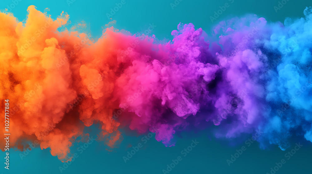 A vibrant explosion of colorful smoke in shades of orange, pink, purple, and blue against a turquoise background, creating a dynamic and artistic visual. A vibrant explosion of colorful smoke in shades of orange, pink, purple, and blue against a turquoise background, creating a dynamic and artistic visual.