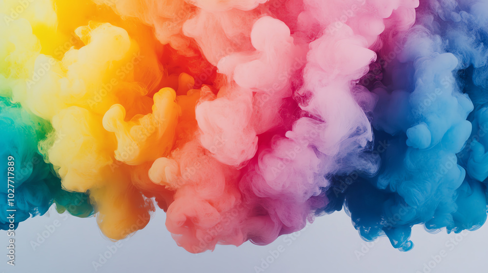 Fototapeta premium A vibrant explosion of colorful smoke, blending shades of pink, blue, yellow, and green against a clean white background, ideal for artistic designs and creative projects.