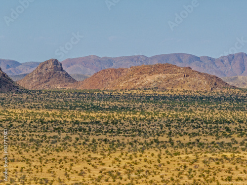 Desert landscape with ed granite hills around the Brandberg Mountain, nearby Uis city, Namibia photo