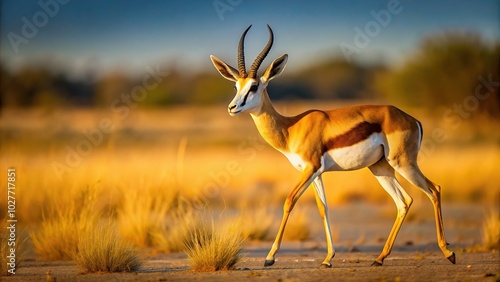 A stunning photo capturing a springbok gracefully pronking in the scenic landscape of the Central Kalahari Desert, arid, Central Kalahari, graceful, Kalahari Desert, wilderness, Botswana