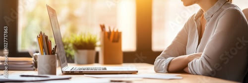 Focused businesswoman working at laptop in office, exuding confidence and determination. Deep in thought, strategizing and analyzing data as a female executive photo