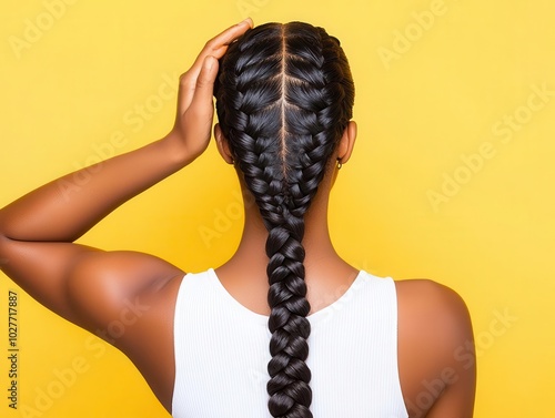 Woman braiding freshly washed hair, haircare inspiration, protective and elegant style