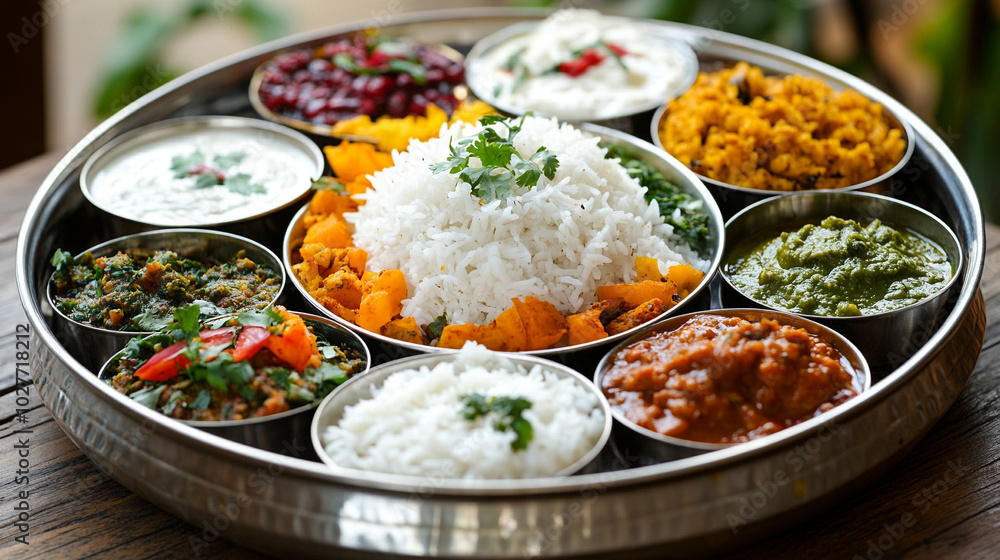traditional Indian meal served on a banana leaf, featuring aromatic rice, rich curries, and assorted sides. The vibrant colors represent the cultural diversity and culinary heritage of India traditional Indian meal served on a banana leaf, featuring aromatic rice, rich curries, and assorted sides. The vibrant colors represent the cultural diversity and culinary heritage of India