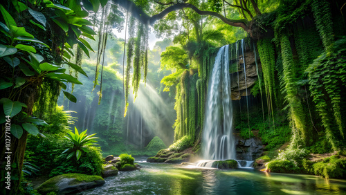 Jungle Scene with Waterfall and Hanging Vines. Hidden Waterfall in Lush Jungle