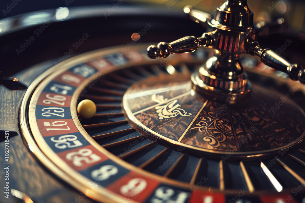 Casino roulette wheel with a gold ball on top. The wheel is illuminated and the ball is glowing Casino roulette wheel with a gold ball on top. The wheel is illuminated and the ball is glowing