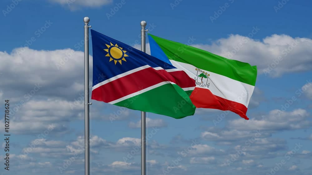 Equatorial Guinea and Namibia flags flying together, video concept of the relationship, two country relations concept Equatorial Guinea and Namibia flags flying together, video concept of the relationship, two country relations concept
