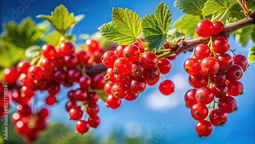 Red currant on a branch stands out in sharp focus against a beautiful blue sky background with a shallow depth of field creating a visually stunning and vibrant image, nature, beauty