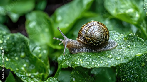 Snail Exploring a Leaf After Rainfall