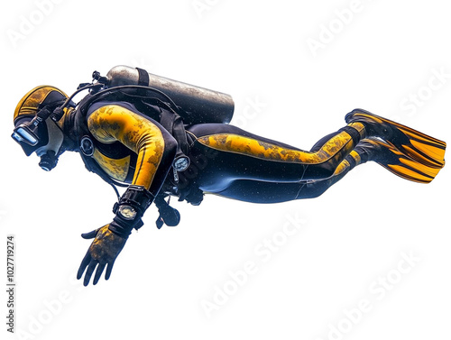 A skilled scuba diver exploring vibrant underwater landscapes, showcasing adventure and marine life in an aquatic environment. isolated background