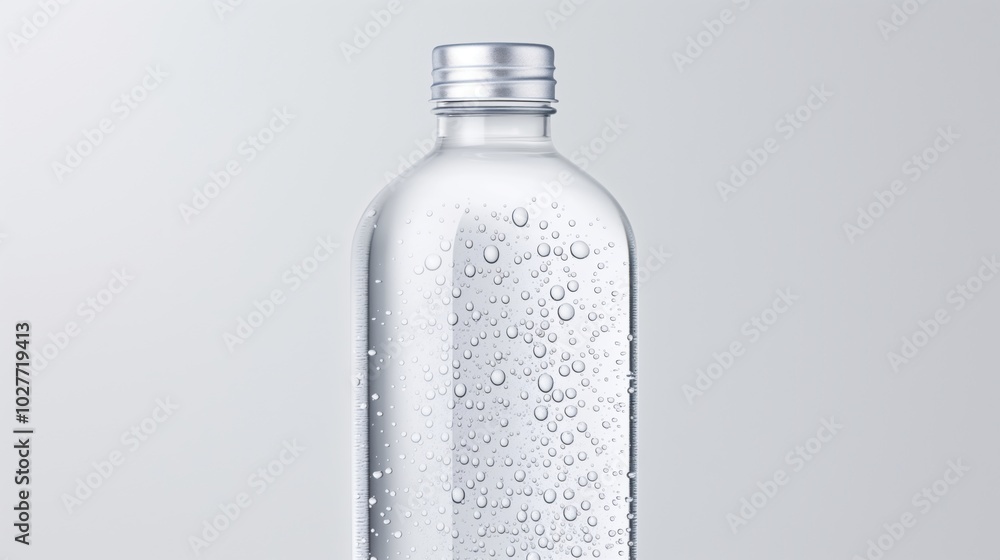 Elegant clear water bottle with condensation on metallic cap against minimalist background Elegant clear water bottle with condensation on metallic cap against minimalist background