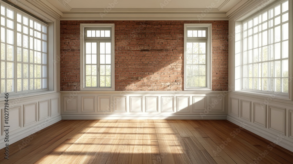 3D illustration mockup of traditional loft room interior with brick wall, classic wall paneling, and windows. 3D illustration mockup of traditional loft room interior with brick wall, classic wall paneling, and windows.