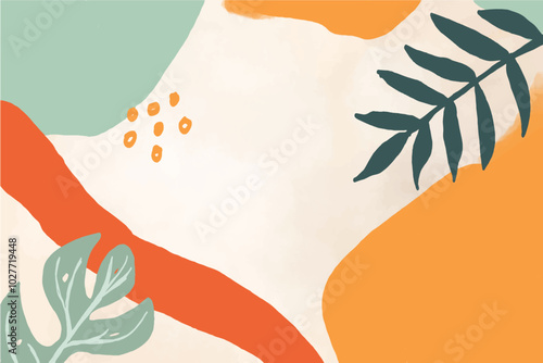 Abstract art banner featuring watercolor leaves branches combined with hand-drawn doodle scribble floral plants.