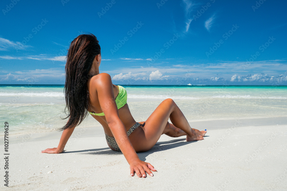 Beautiful young woman with blond long hair in red fluttering dress is walking on the coastline of azure caribbean sea
Beautiful young woman with blond long hair in red fluttering dress is walking on the coastline of azure caribbean sea