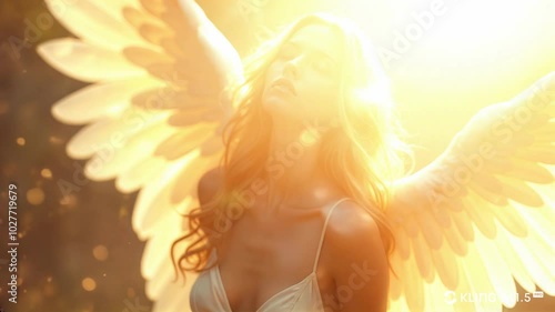 Woman angel with white wings. A stunning angelic figure bathed in golden light, with radiant wings spread wide.