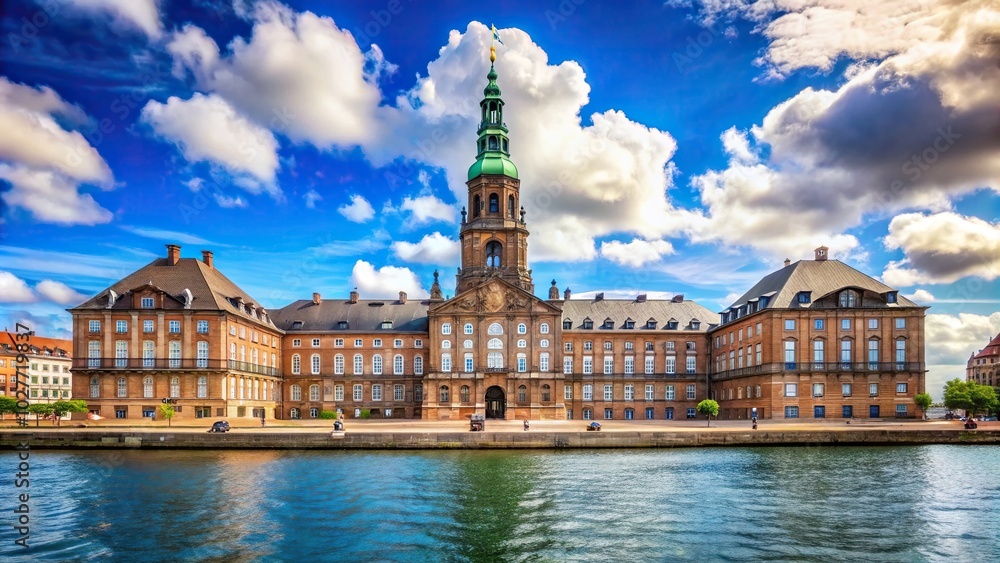Fototapeta premium Christiansborg Palace a majestic building on the islet of Slotsholmen in central Copenhagen captured in a low angle shot revealing its impressive architectural details, low angle, royal