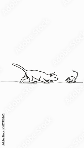 Cat stalking a mouse in a playful mood against a minimalist background with copy space