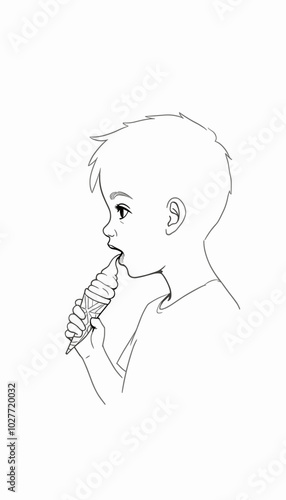 Boy enjoying ice cream in a joyful mood against a minimalist background with copy space