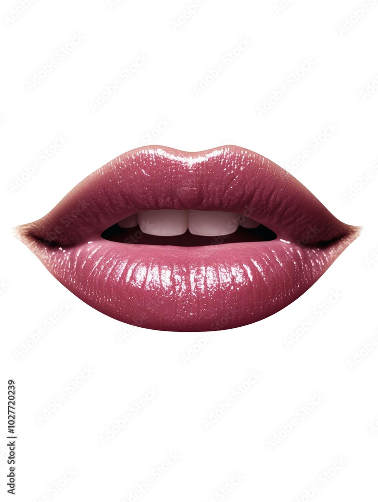 Beautiful close-up of stylish lips with a glossy pink finish, perfect for beauty and cosmetic themes. isolated background
