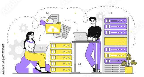 People with big data. Man and woman with server and data storage. Archive and electronic storage. Team of analysts with information. Linear vector illustration