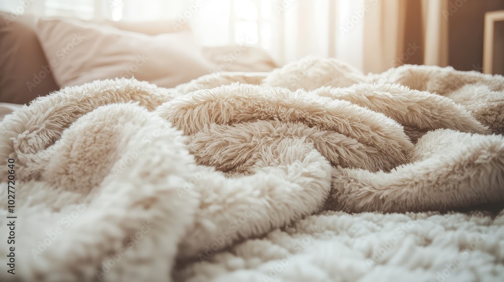 Cozy Fluffy Blanket on Bed in Warm Light Cozy Fluffy Blanket on Bed in Warm Light