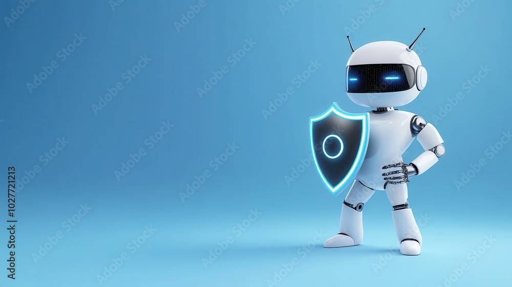 Futuristic robot holding a shield, symbolizing cybersecurity and protection against digital threats in the tech industry. Futuristic robot holding a shield, symbolizing cybersecurity and protection against digital threats in the tech industry.