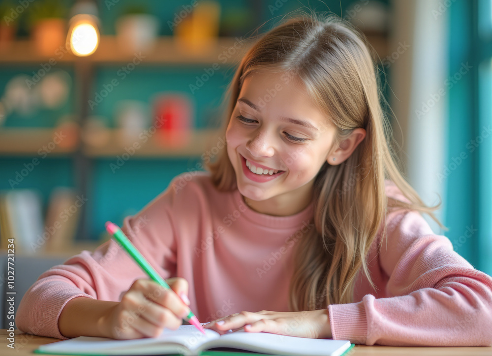 a smiling girl writes in a notebook and smiles, studying a smiling girl writes in a notebook and smiles, studying