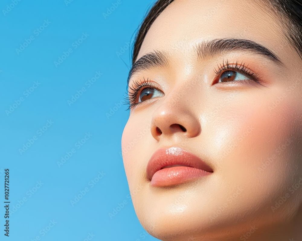 Young woman with freshfaced complexion in soft outdoor light, clear skin, glowing beauty Young woman with freshfaced complexion in soft outdoor light, clear skin, glowing beauty