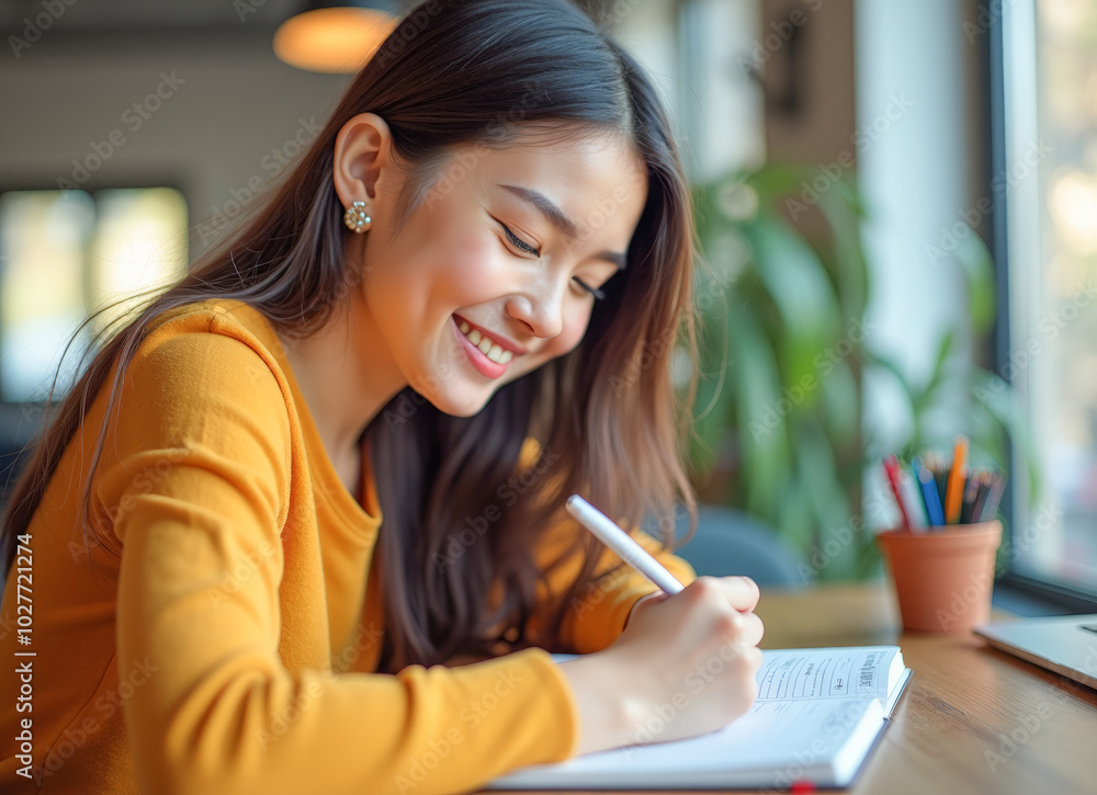 a beautiful woman writes in a notebook and smiles a beautiful woman writes in a notebook and smiles