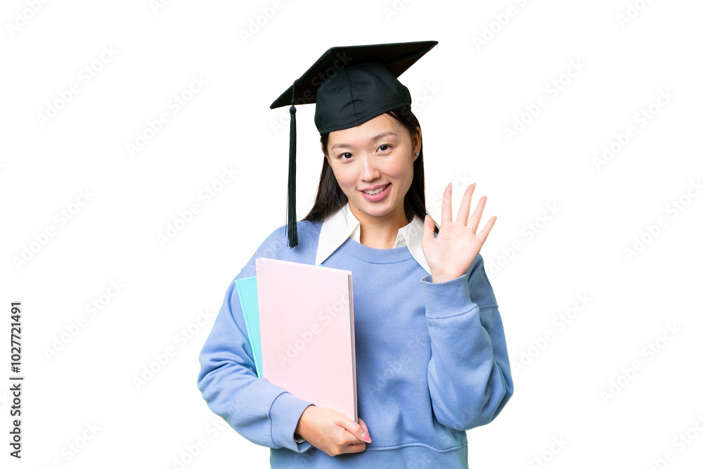 Young student woman over isolated chroma key background saluting with hand with happy expression Young student woman over isolated chroma key background saluting with hand with happy expression