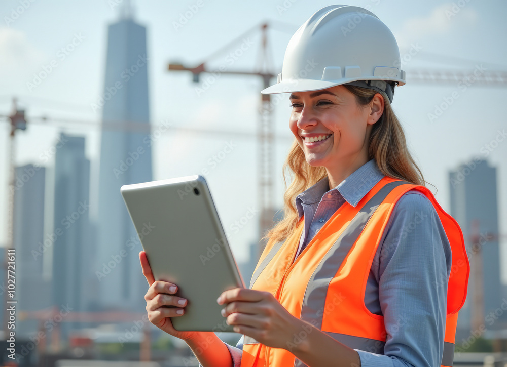 a female foreman engineer in a helmet with a tablet in her hands smiles at the construction site a female foreman engineer in a helmet with a tablet in her hands smiles at the construction site