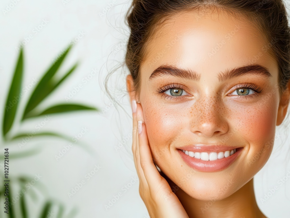 Freshfaced woman with glowing, clear skin in sunlight, natural beauty, pure and radiant look Freshfaced woman with glowing, clear skin in sunlight, natural beauty, pure and radiant look