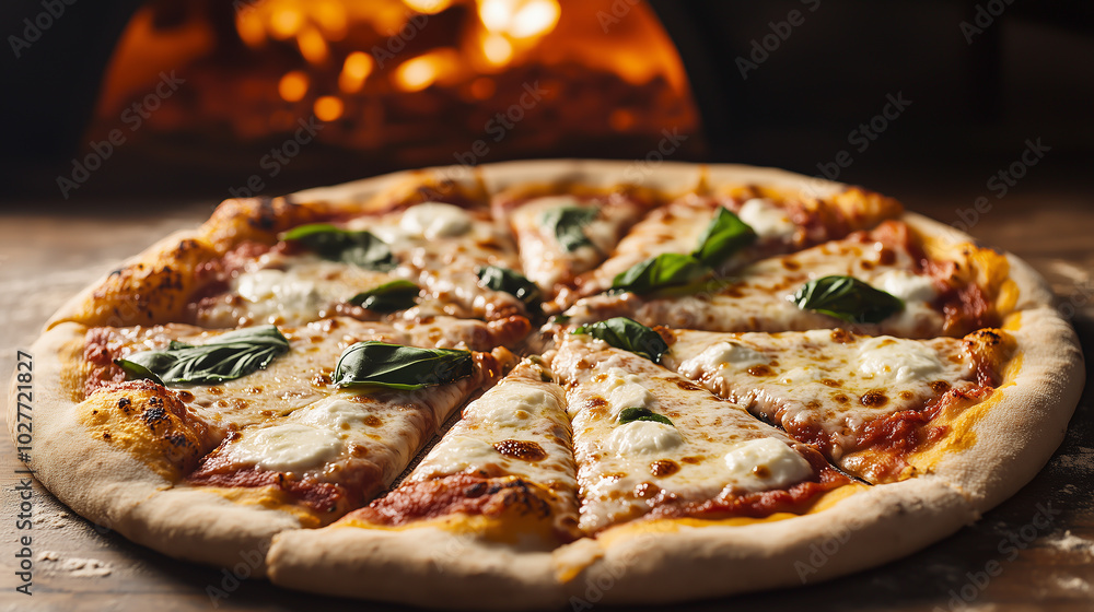 Freshly baked Neapolitan pizza with basil and mozzarella, rustic wood-fired oven in the background, warm golden lighting, high-res product shot Freshly baked Neapolitan pizza with basil and mozzarella, rustic wood-fired oven in the background, warm golden lighting, high-res product shot