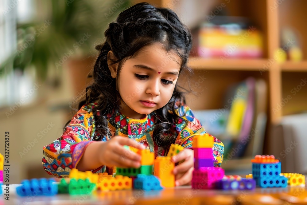 A young girl with braided hair plays with colorful building blocks, enhancing her creativity and cognitive skills in a vibrant indoor setting. A young girl with braided hair plays with colorful building blocks, enhancing her creativity and cognitive skills in a vibrant indoor setting.