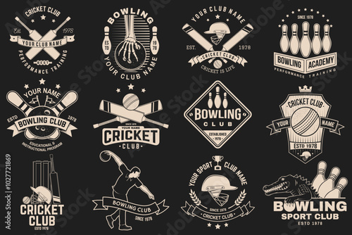 Set of cricket and bowling sports club logo, badge design. Templates for bowling and cricket sports club. Vector.