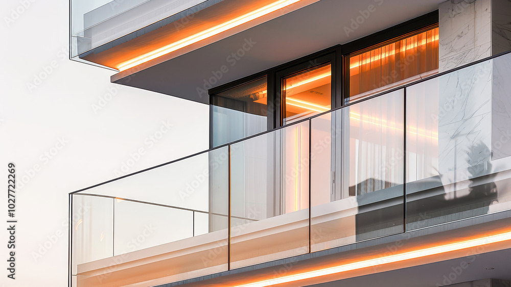 Fototapeta premium A striking image of a modern building with glass balconies, showcasing contemporary architectural design under evening light.