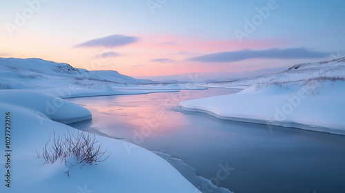 Tranquil tundra covered in snow, soft pink and blue sky during twilight, frozen river reflecting the sky, gentle wind, dreamy and peaceful, minimalistic