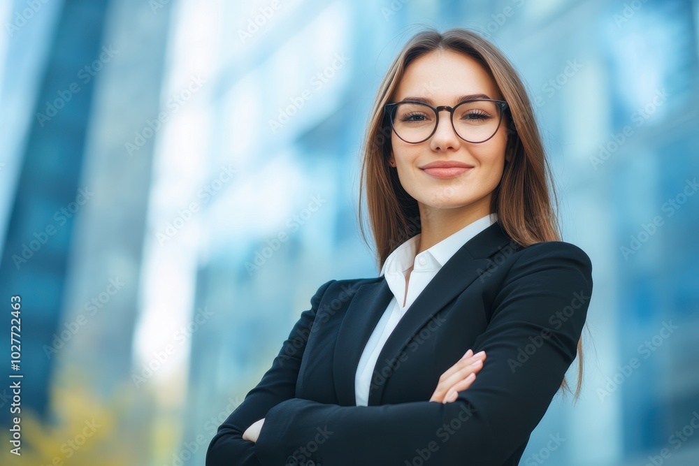 Young beautiful businesswoman in business suit smiling and looking at camera, female worker in glasses with crossed Young beautiful businesswoman in business suit smiling and looking at camera, female worker in glasses with crossed