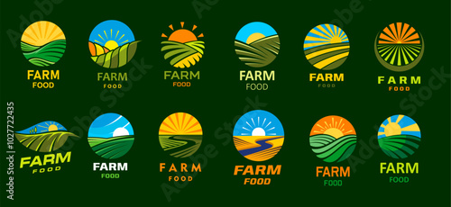 Agriculture farm food icons, rural field landscape and sun vector badges. Organic farm fields with green crop plants and garden trees under blue sky isolated round symbols, agriculture harvest themes photo