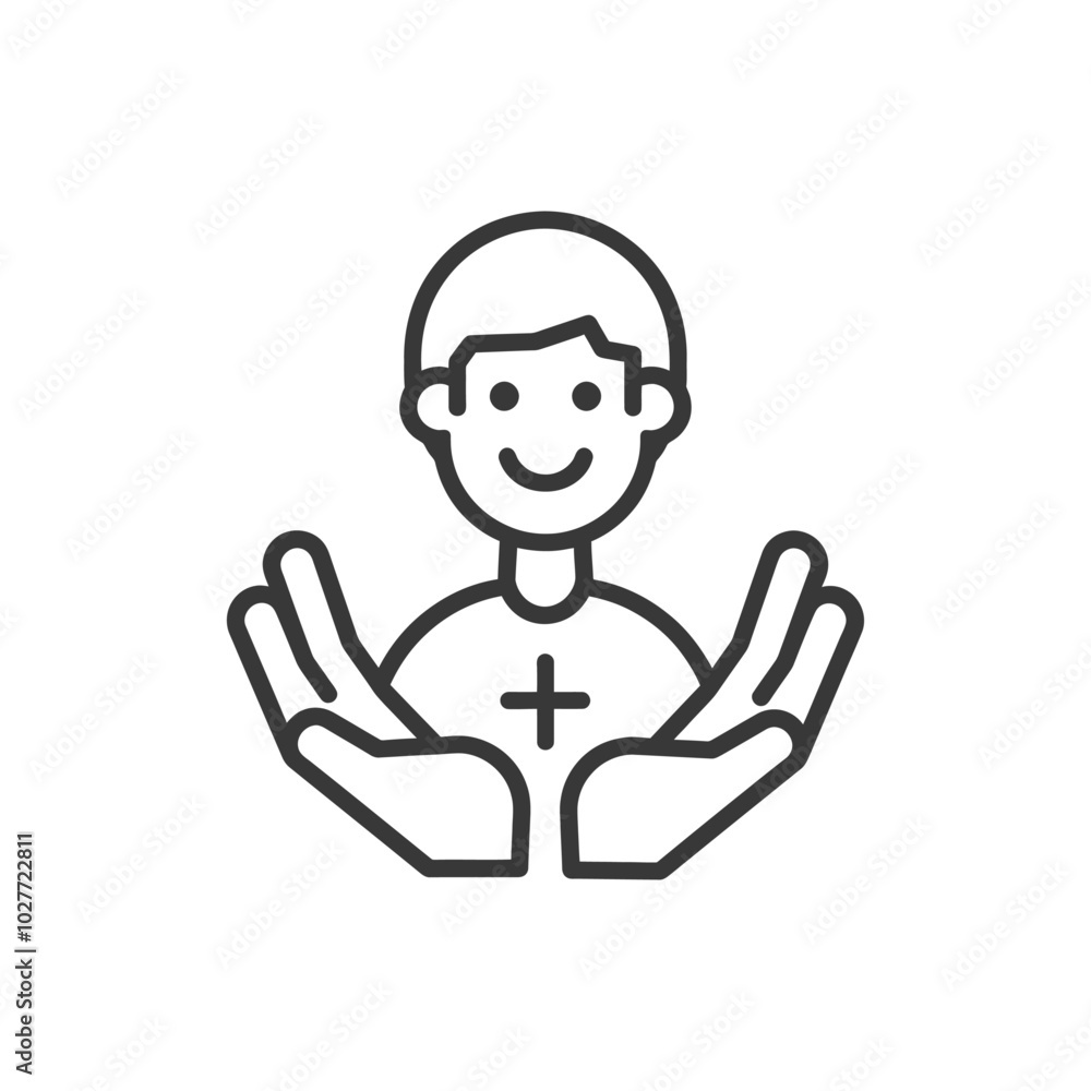 Line drawing of a smiling person with outstretched hands and a plus sign on their chest Line drawing of a smiling person with outstretched hands and a plus sign on their chest