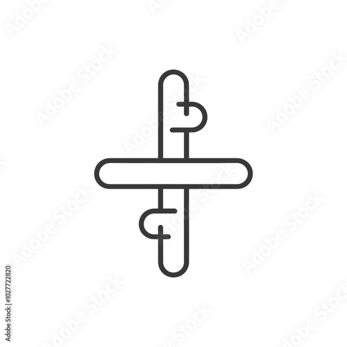 Line drawing of a snowboard with bindings