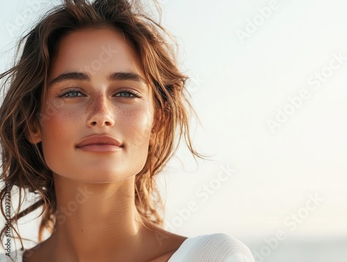 Dewy, freshfaced woman in soft sunlight, minimal makeup, pure and radiant complexion photo