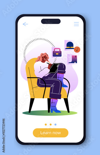 Blogger on phone screen. Woman choose trendy and fashionable clothes. Famous vlogger at mobile phone. Marketing and promotion. Flat vector illustration