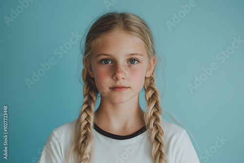 Wallpaper Mural Braided blonde girl in white t-shirt with black edges, turquoise and aquamarine studio background Torontodigital.ca