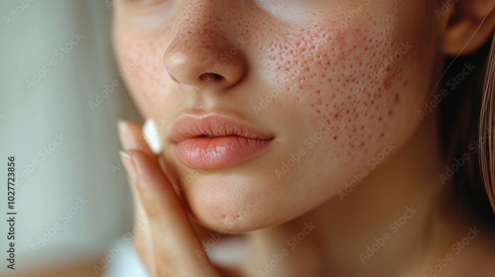 Obraz premium Young woman with problem skin, wide pores, acne scars applies cream to face. Woman's face with unhealthy skin, dermal defects close-up. Cosmetic care, problem skin treatment.