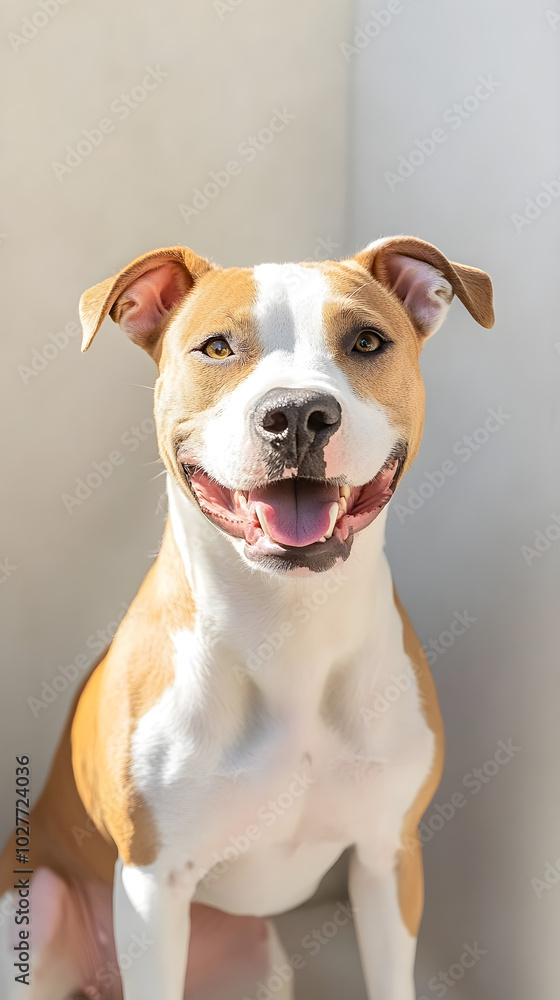 A cheerful amstaff poses in soft light, showcasing its friendly demeanor and captivating fur patterns A cheerful amstaff poses in soft light, showcasing its friendly demeanor and captivating fur patterns